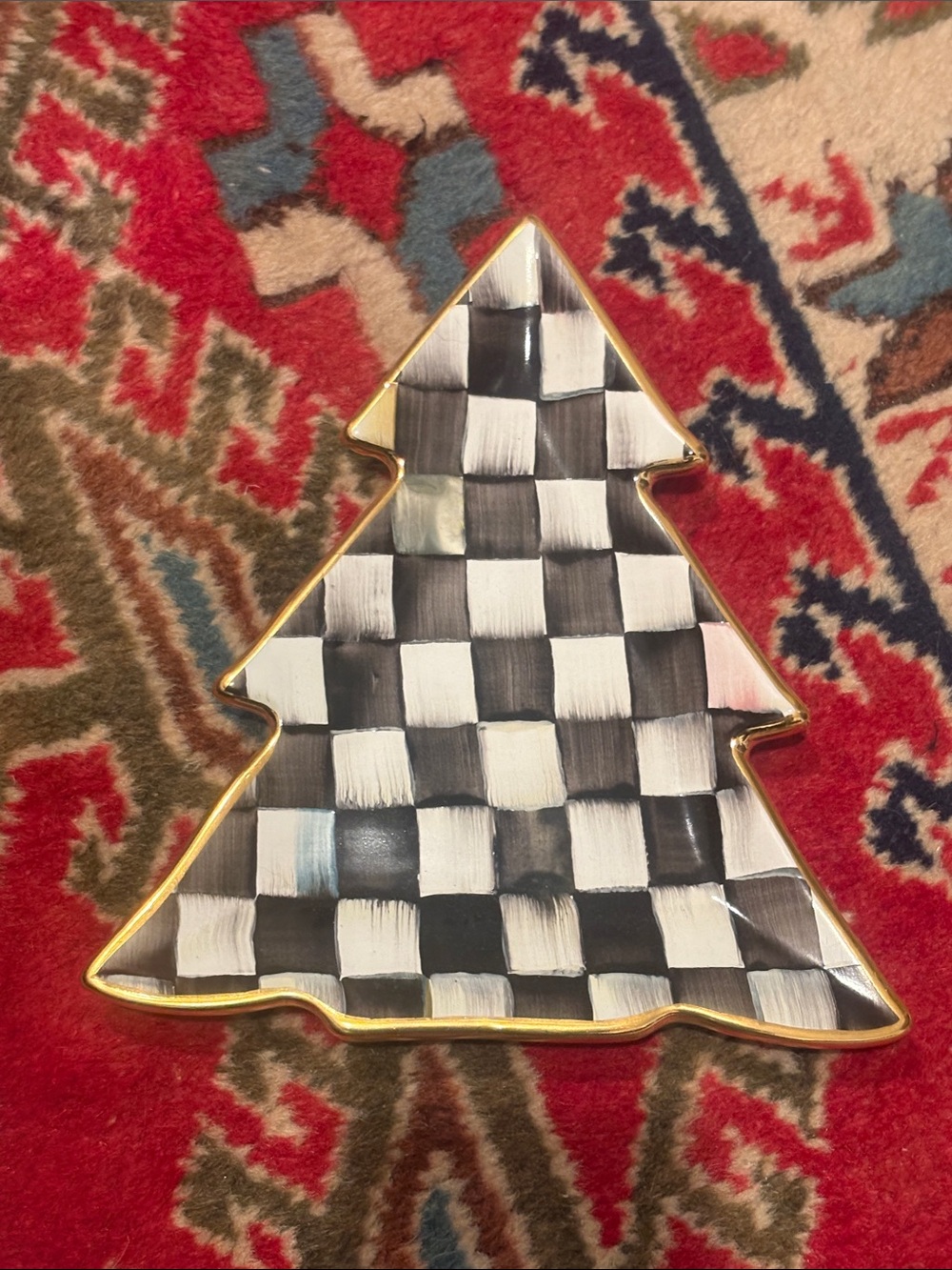 MacKenzie-Childs Black and White Check Christmas Tree Tray with Gold Rim